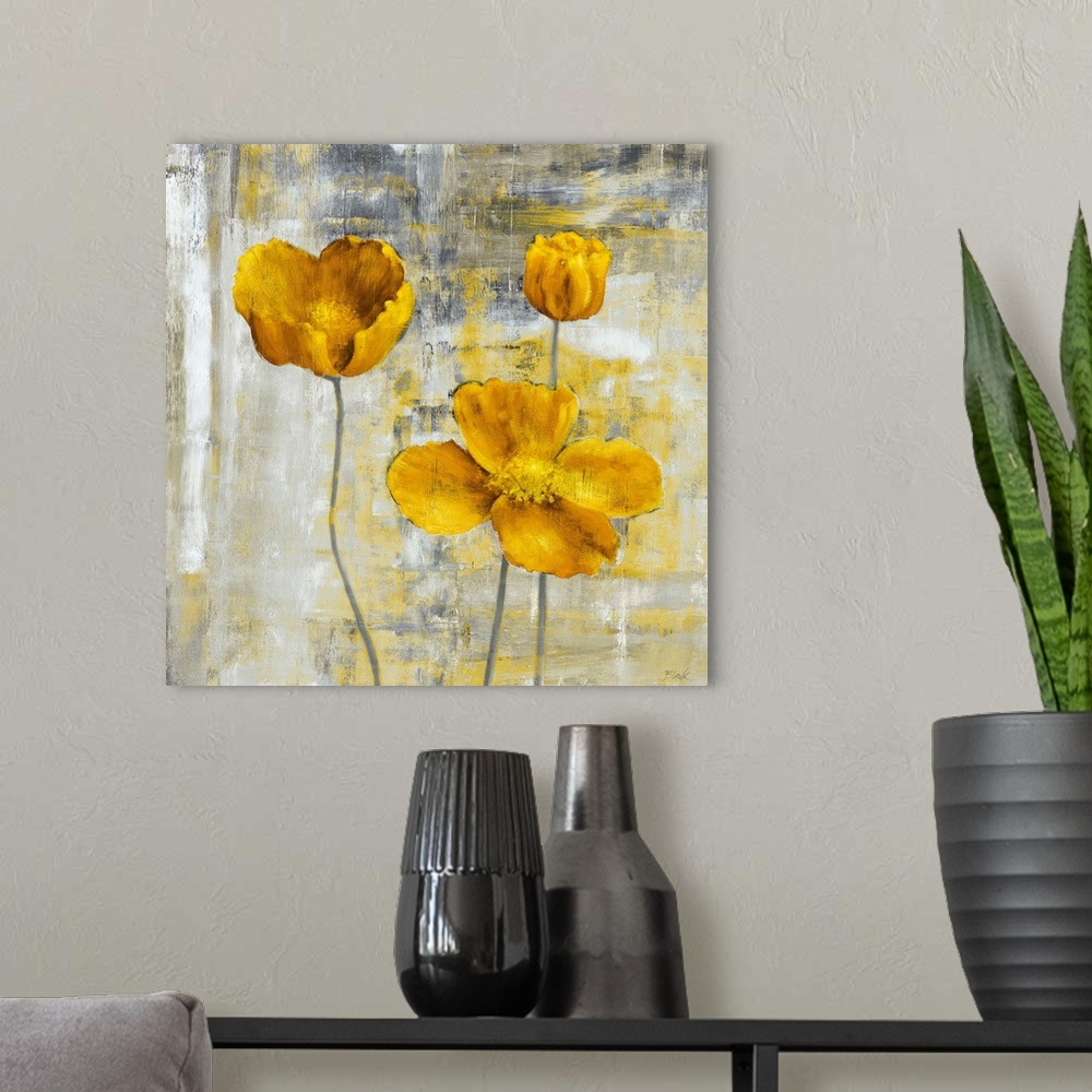 A modern room featuring Square, large wall art docor of three yellow flowers with stems on a sponge like textured, grey a...