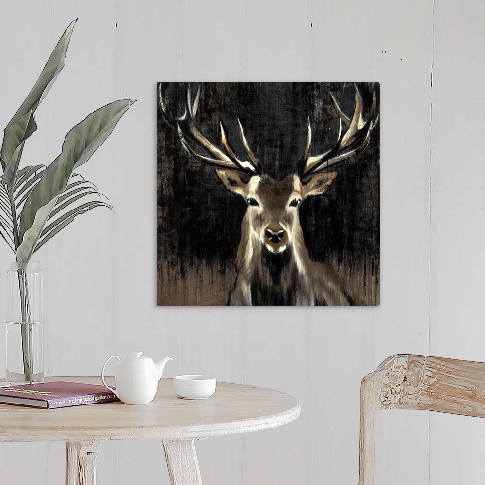 A farmhouse room featuring Contemporary painting of a stag against a dark background.