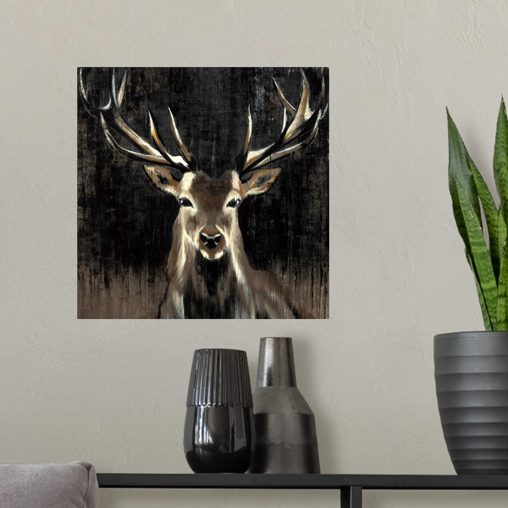 A modern room featuring Contemporary painting of a stag against a dark background.