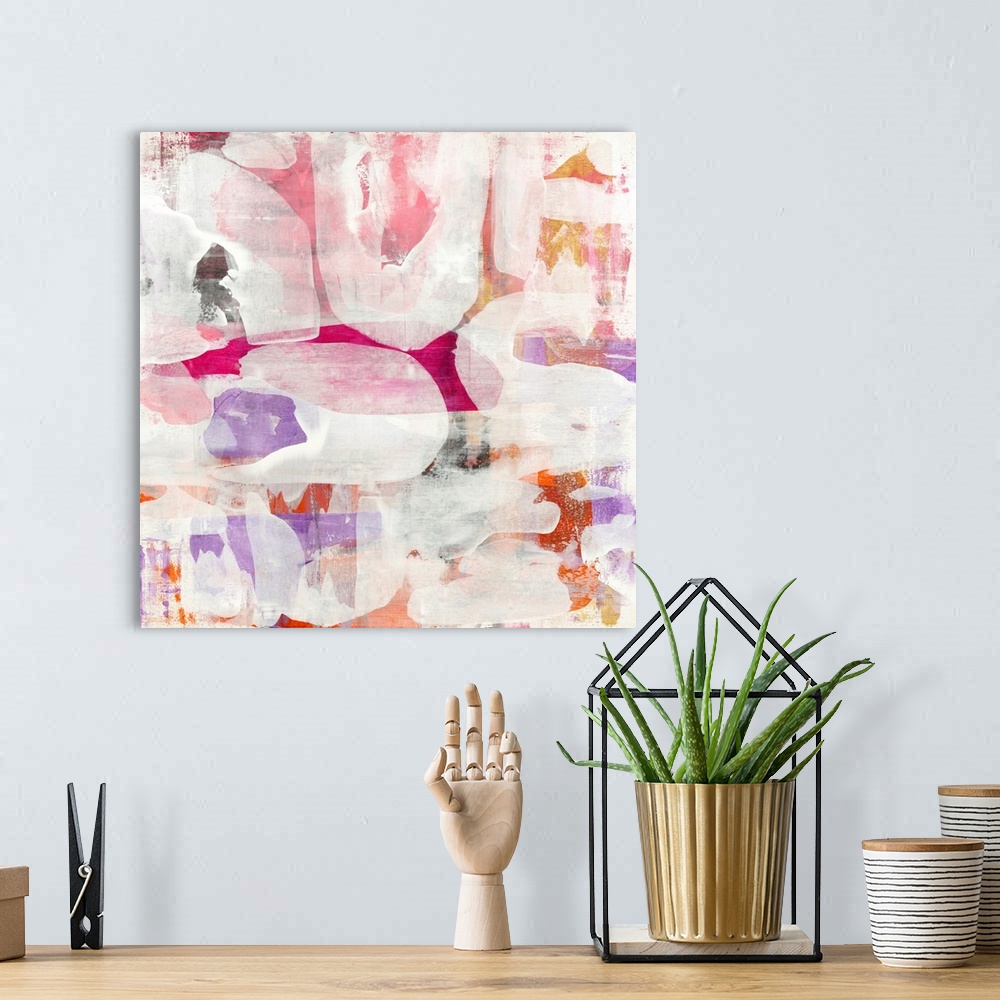 A bohemian room featuring A square, feminine, contemporary abstract painting with layers of white shapes overlapping tones ...