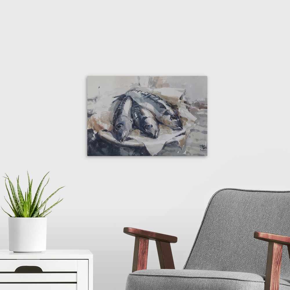 A modern room featuring Mackerels in monochromatic blues sit restfully on a plate in this still life artwork.