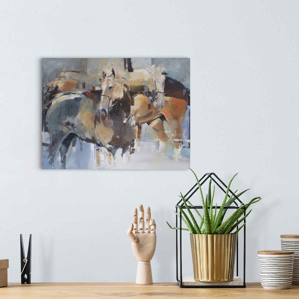 A bohemian room featuring This contemporary artwork features a quiet moment of horses after battle using a complementary pa...