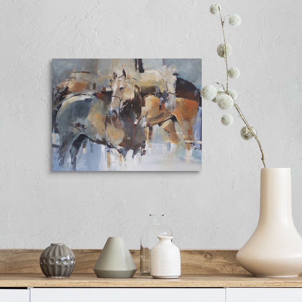 A farmhouse room featuring This contemporary artwork features a quiet moment of horses after battle using a complementary pa...