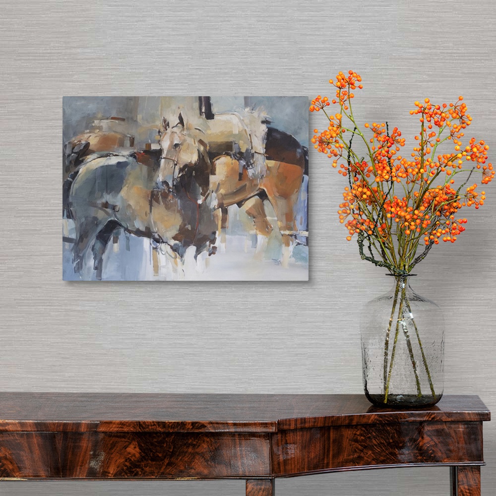 A traditional room featuring This contemporary artwork features a quiet moment of horses after battle using a complementary pa...