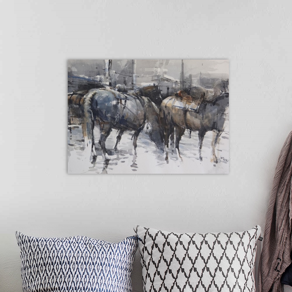 A bohemian room featuring This contemporary artwork depicts a group of horses drinking in the river using a moody palette a...