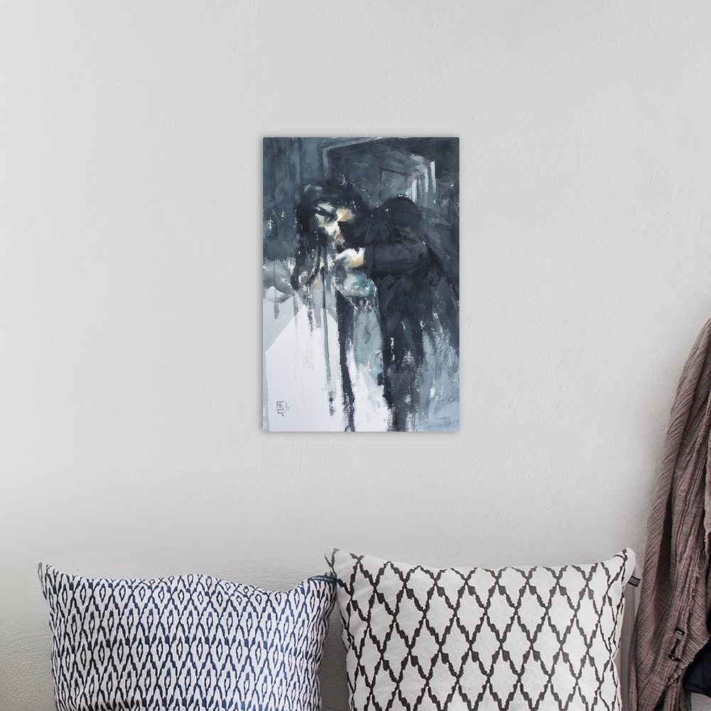 A bohemian room featuring Inspired by Jim Jarmusch's film, Stranger than Paradise, this contemporary artwork uses moody blu...