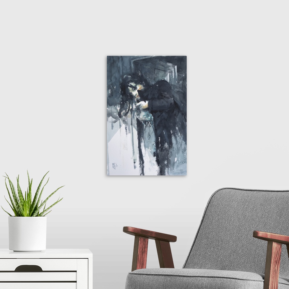 A modern room featuring Inspired by Jim Jarmusch's film, Stranger than Paradise, this contemporary artwork uses moody blu...