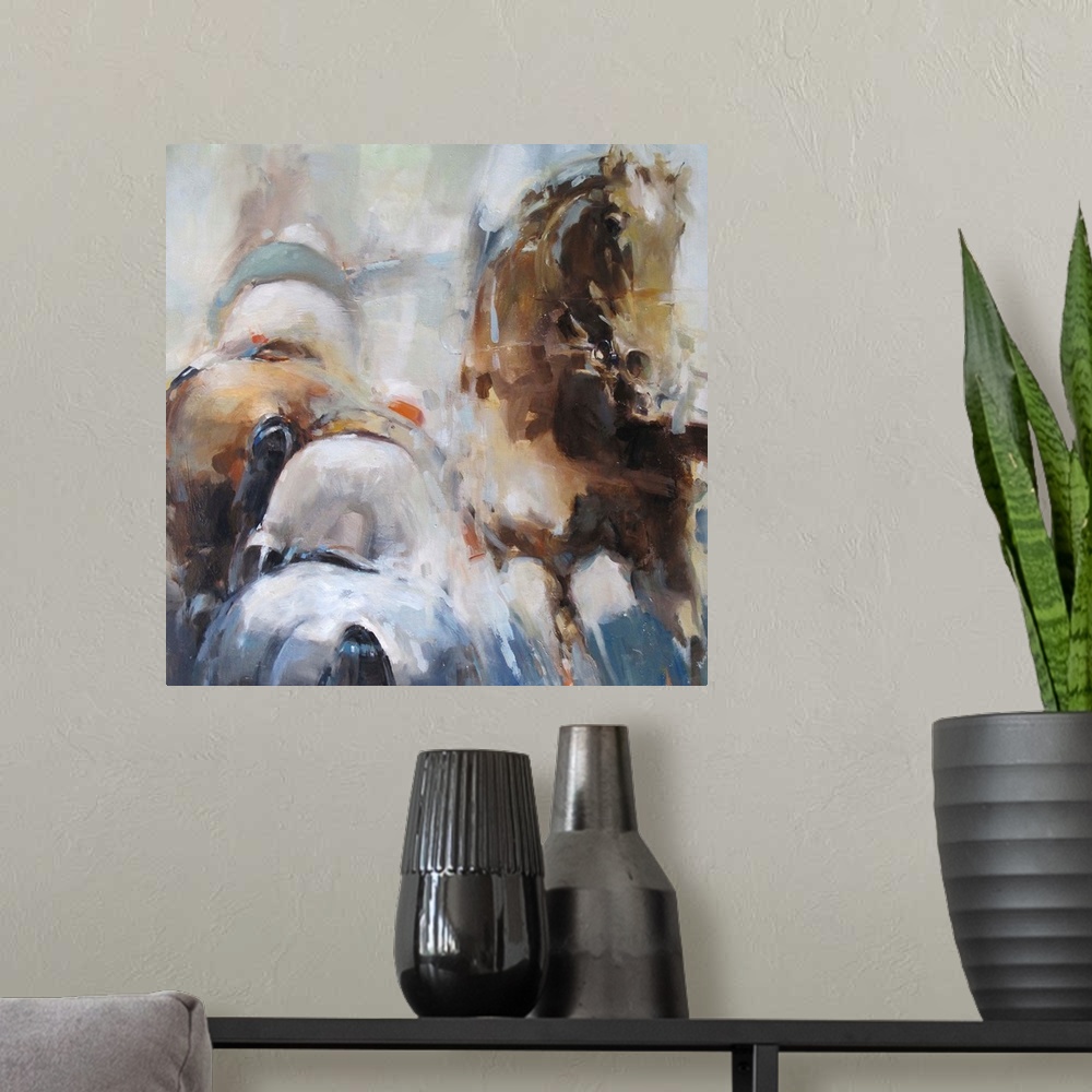 A modern room featuring This contemporary artwork uses energetic watercolor brush strokes to illustrate the intensity of ...