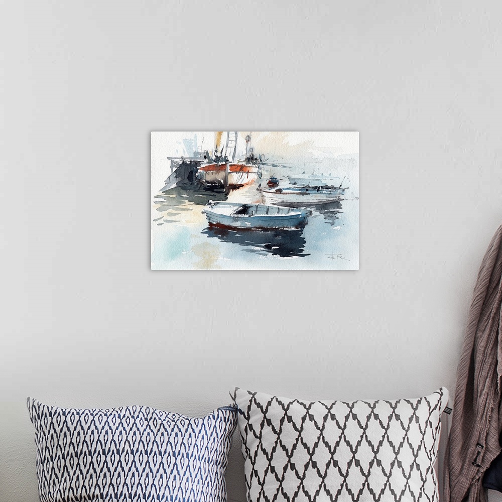 A bohemian room featuring This pensive artwork of small fishing boats in a harbor features earthy tones and static brush st...