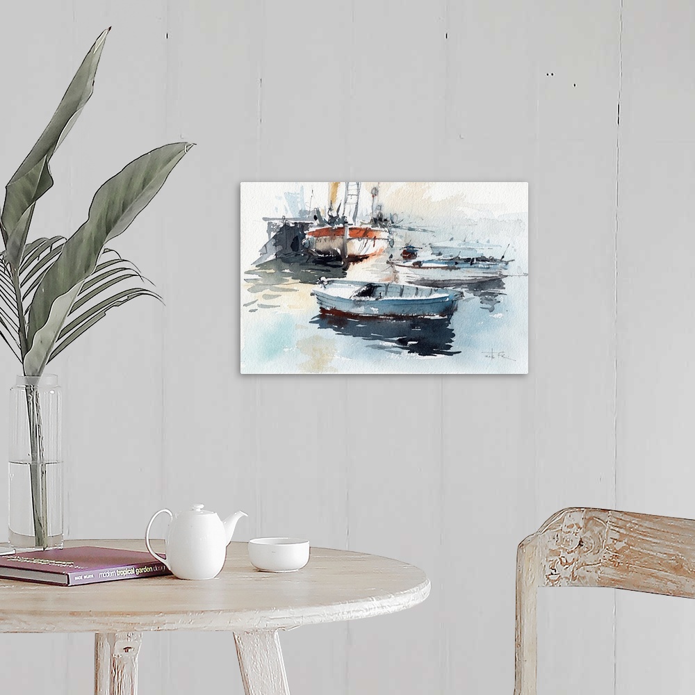 A farmhouse room featuring This pensive artwork of small fishing boats in a harbor features earthy tones and static brush st...