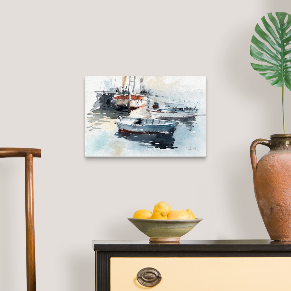 A traditional room featuring This pensive artwork of small fishing boats in a harbor features earthy tones and static brush st...