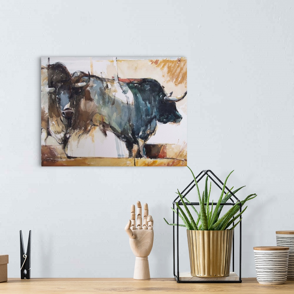 A bohemian room featuring This contemporary artwork features two bulls in motion using a complementary palette and impressi...