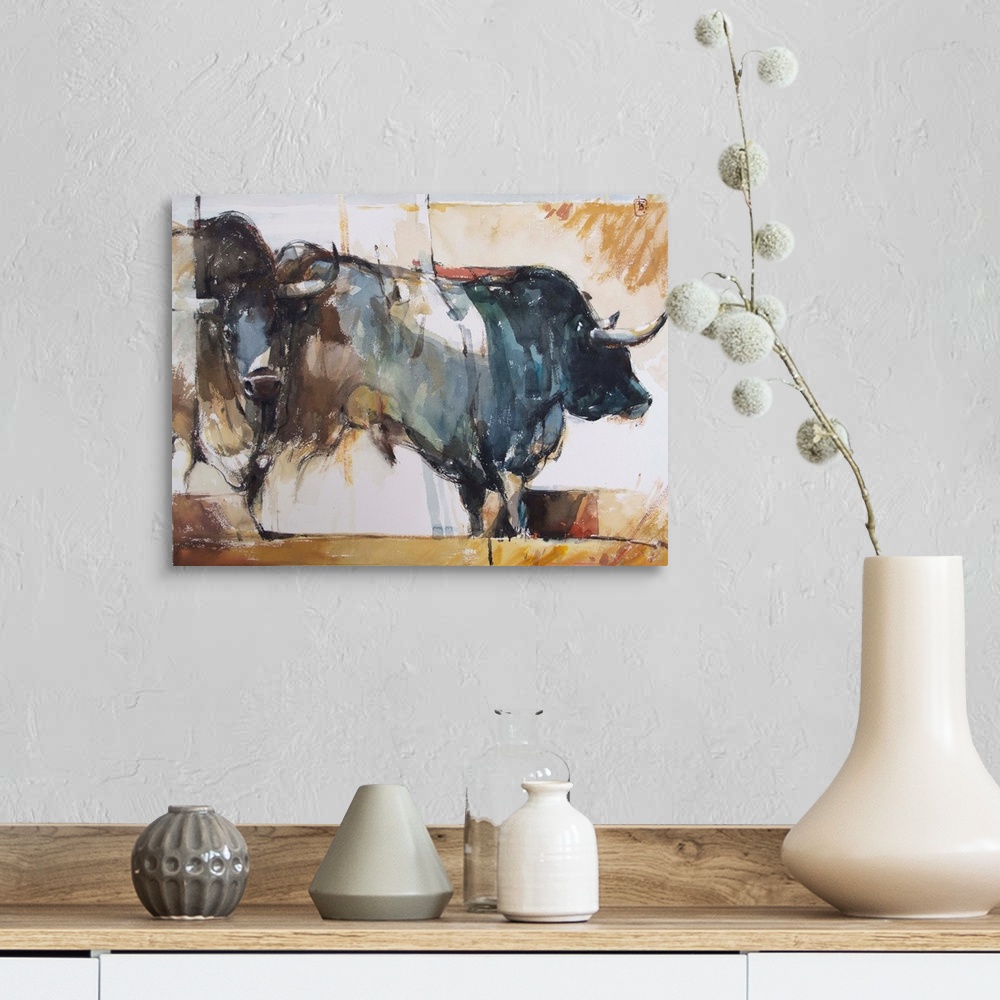 A farmhouse room featuring This contemporary artwork features two bulls in motion using a complementary palette and impressi...