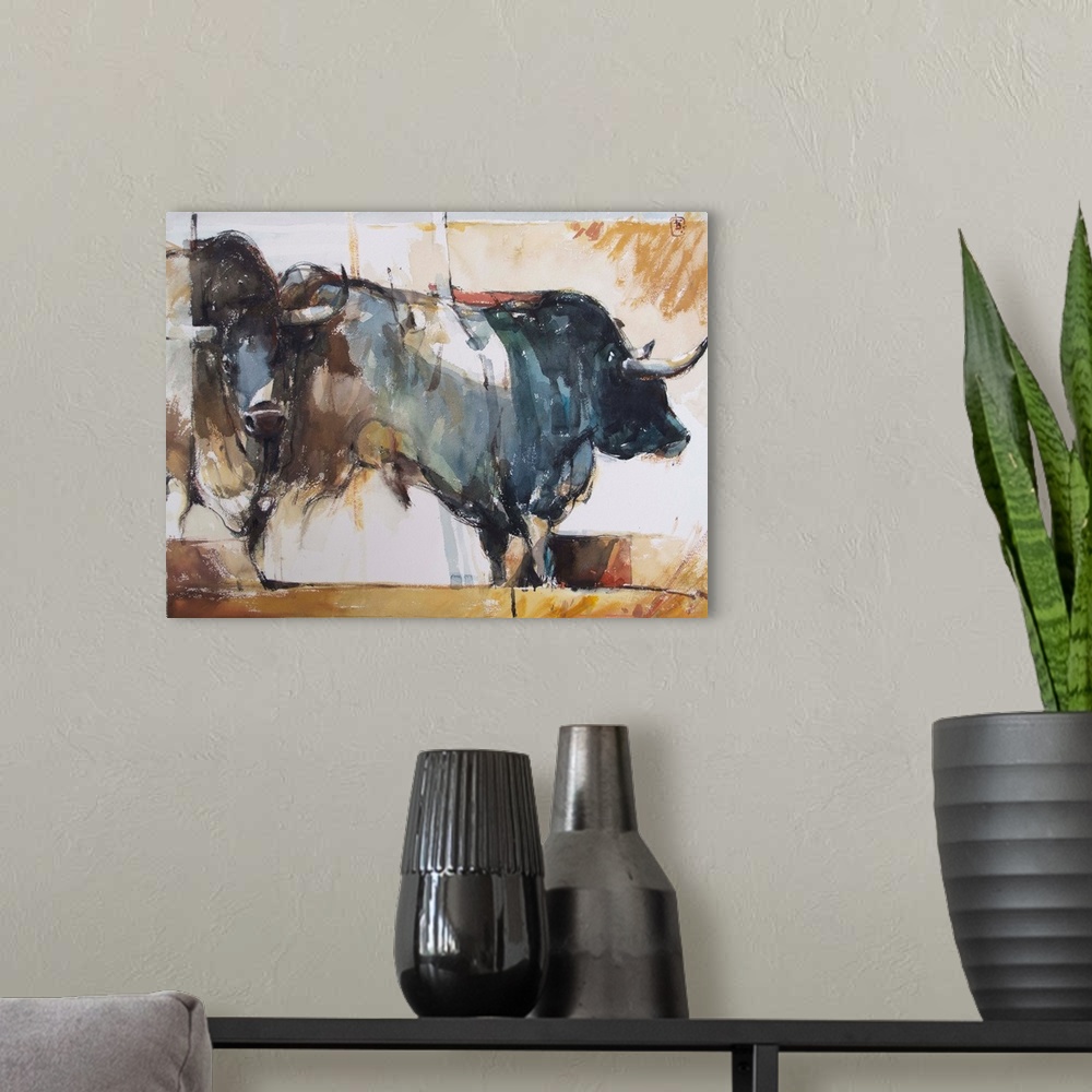A modern room featuring This contemporary artwork features two bulls in motion using a complementary palette and impressi...
