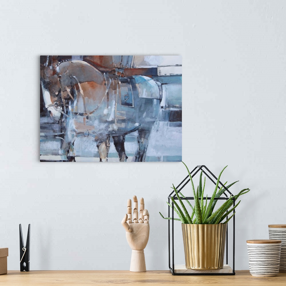 A bohemian room featuring Distressed brush strokes and blocks of color form together to create a standing horse in a comple...