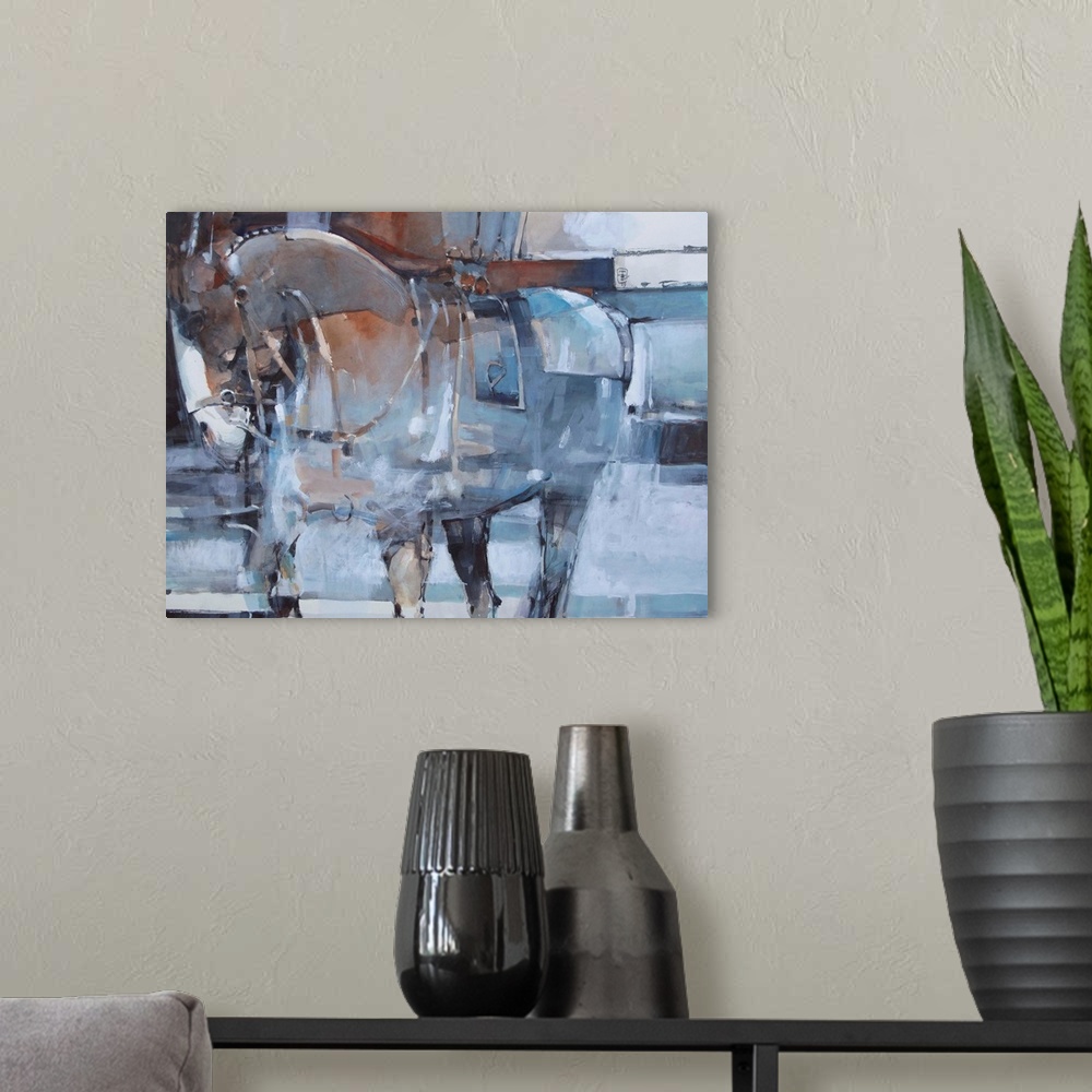 A modern room featuring Distressed brush strokes and blocks of color form together to create a standing horse in a comple...
