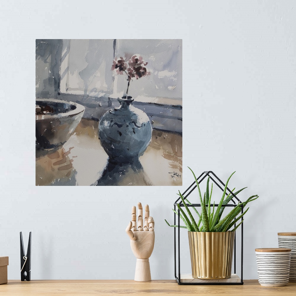A bohemian room featuring A soft blue decorative vase sits restfully on a table in this contemporary artwork.