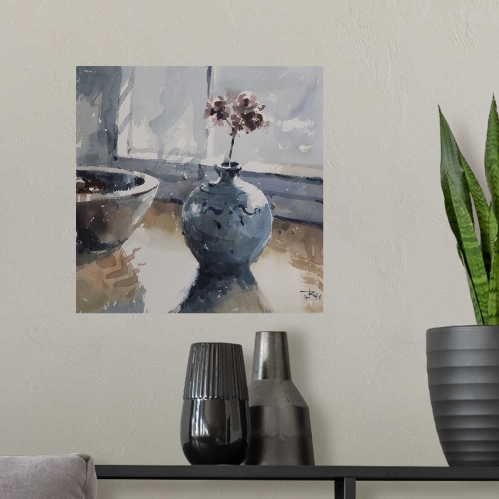 A modern room featuring A soft blue decorative vase sits restfully on a table in this contemporary artwork.