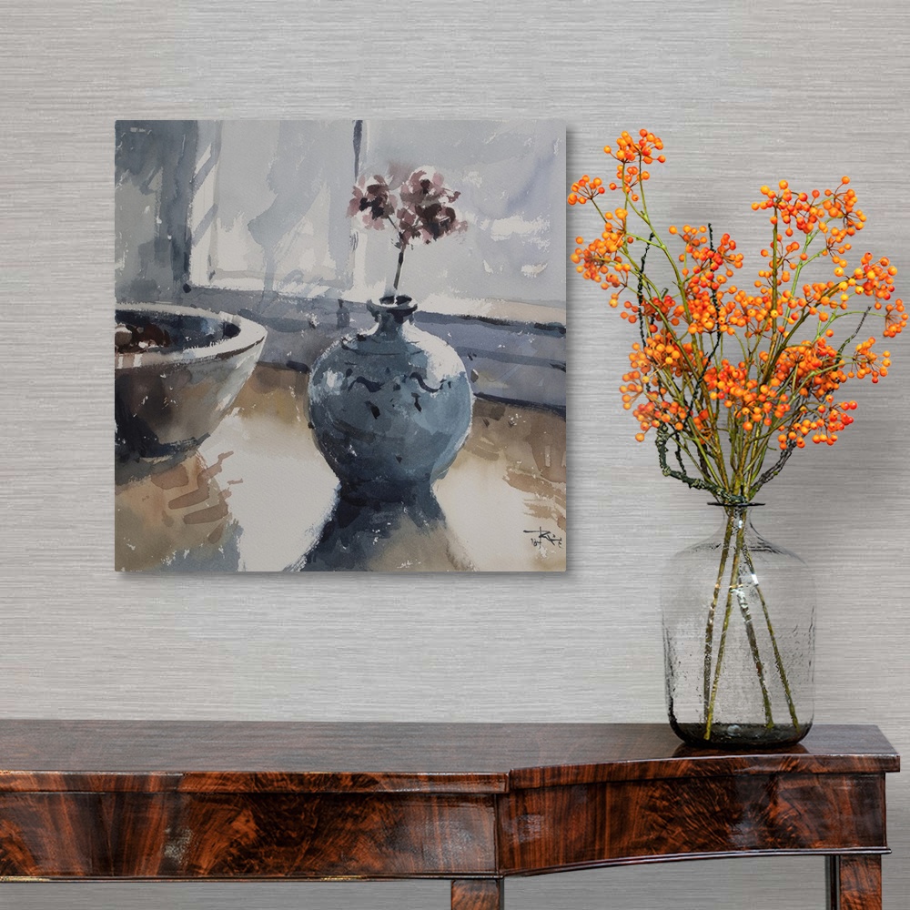 A traditional room featuring A soft blue decorative vase sits restfully on a table in this contemporary artwork.