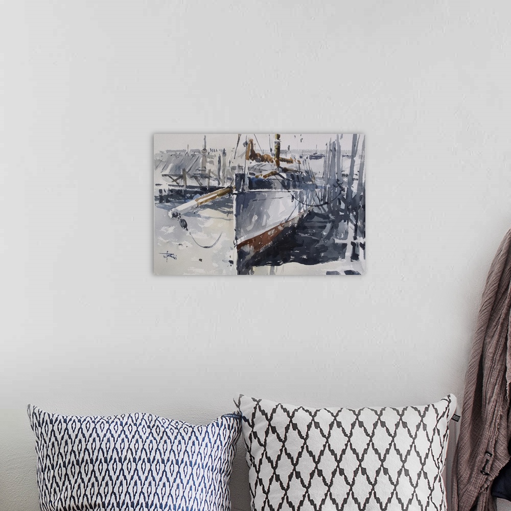 A bohemian room featuring Gestural brush strokes of muted watercolors create a sailboat in a dry dock.
