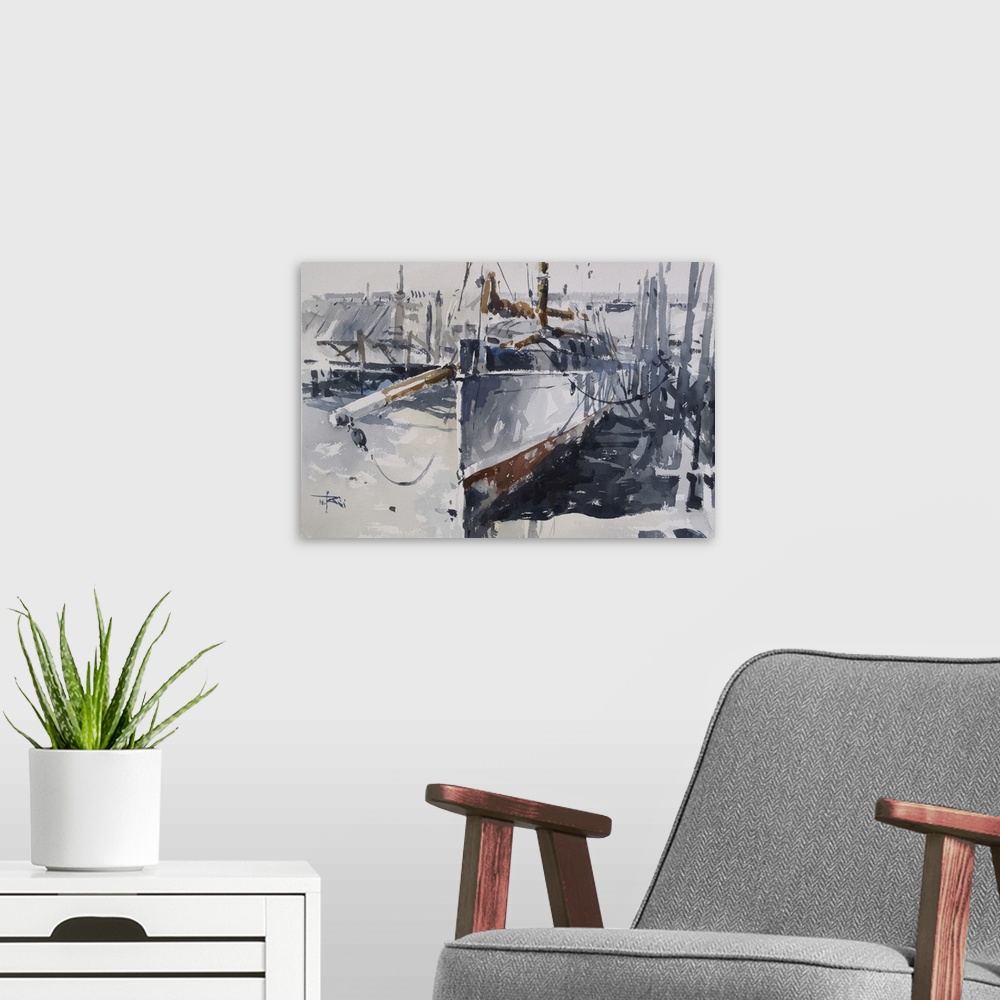 A modern room featuring Gestural brush strokes of muted watercolors create a sailboat in a dry dock.