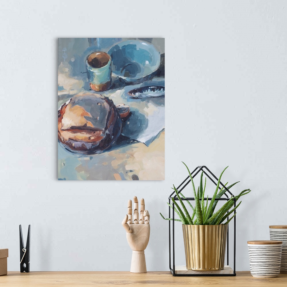 A bohemian room featuring Contemporary watercolor painting of a loaf of bread and a small fish - reminiscent of a simple me...