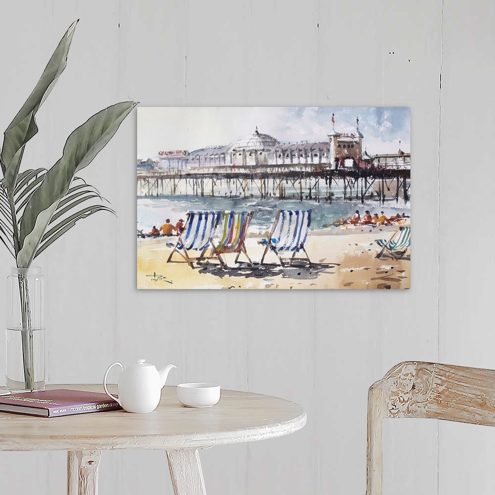 A farmhouse room featuring Delicate beach chairs bring this beach scene to life in this contemporary watercolor.