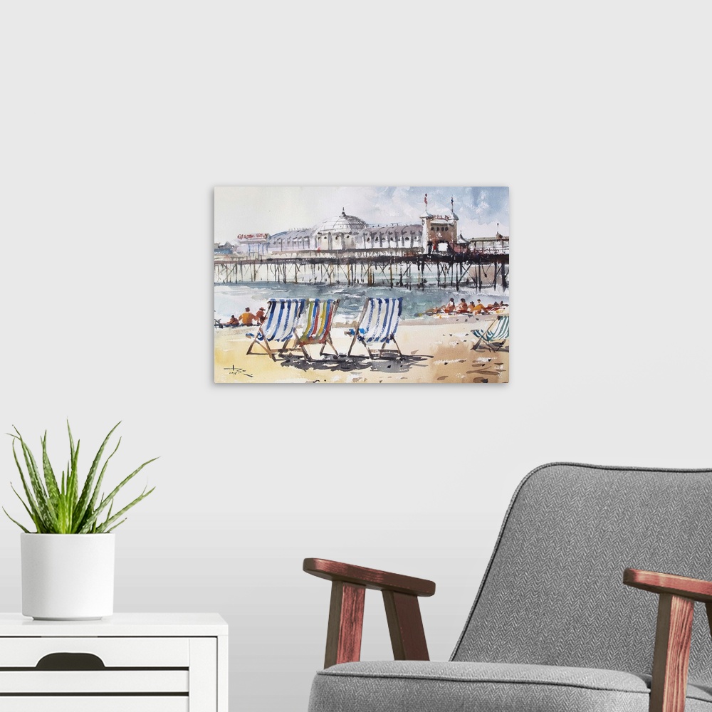 A modern room featuring Delicate beach chairs bring this beach scene to life in this contemporary watercolor.
