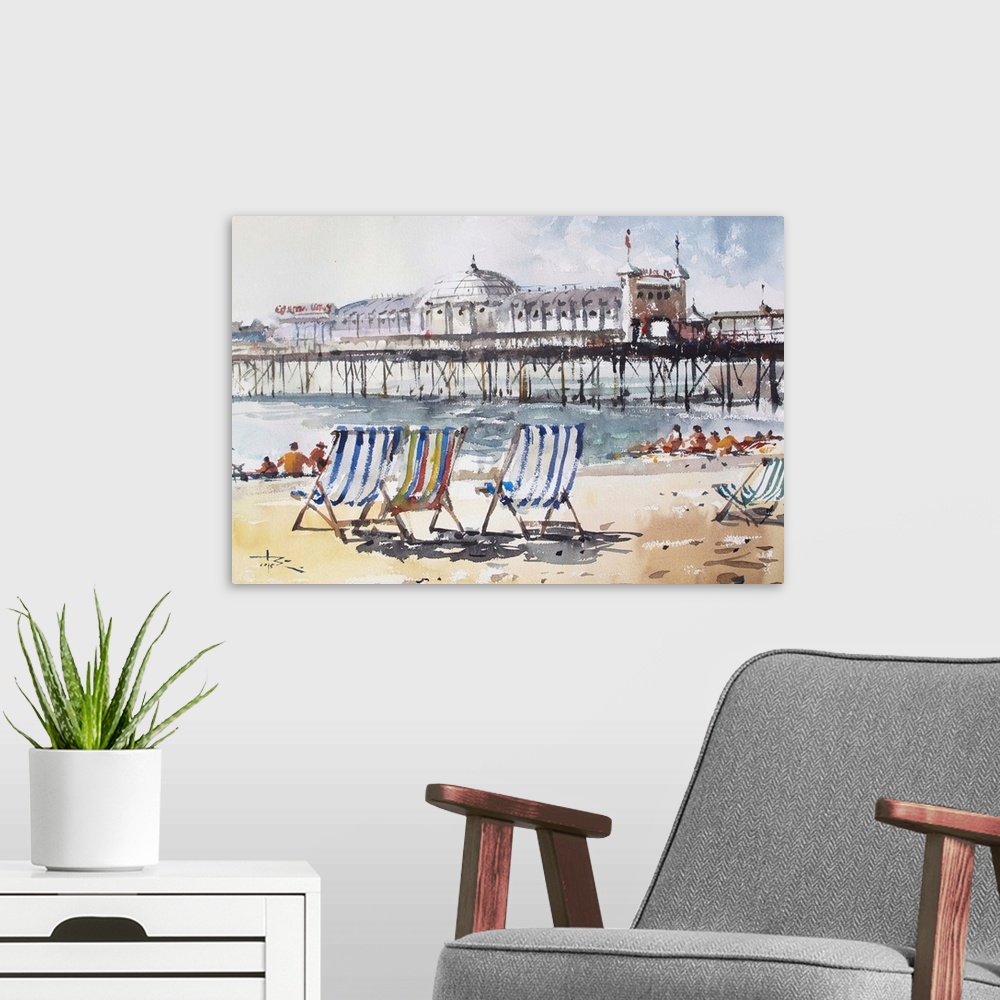 A modern room featuring Delicate beach chairs bring this beach scene to life in this contemporary watercolor.