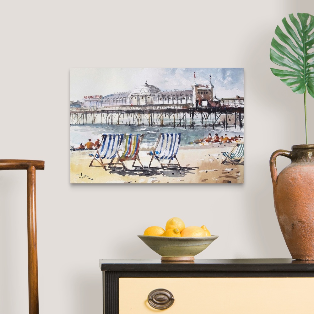 A traditional room featuring Delicate beach chairs bring this beach scene to life in this contemporary watercolor.