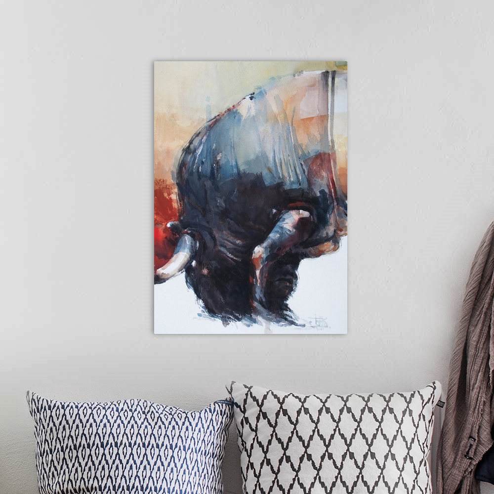 A bohemian room featuring This contemporary artwork is the first half of a watercolor diptych of a falling bull.