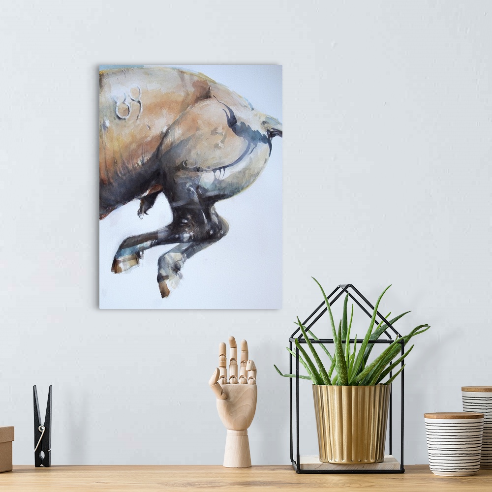 A bohemian room featuring This contemporary artwork is the second half of a watercolor diptych of a falling bull.