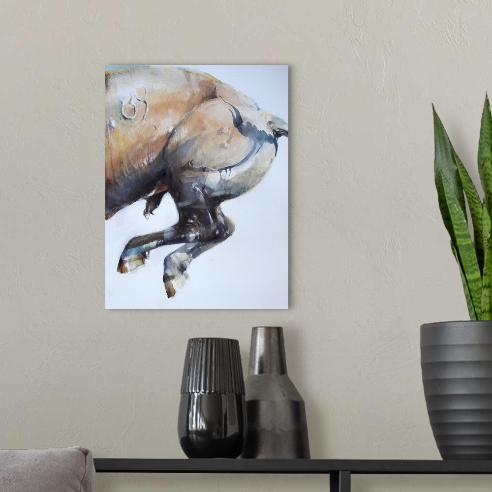 A modern room featuring This contemporary artwork is the second half of a watercolor diptych of a falling bull.