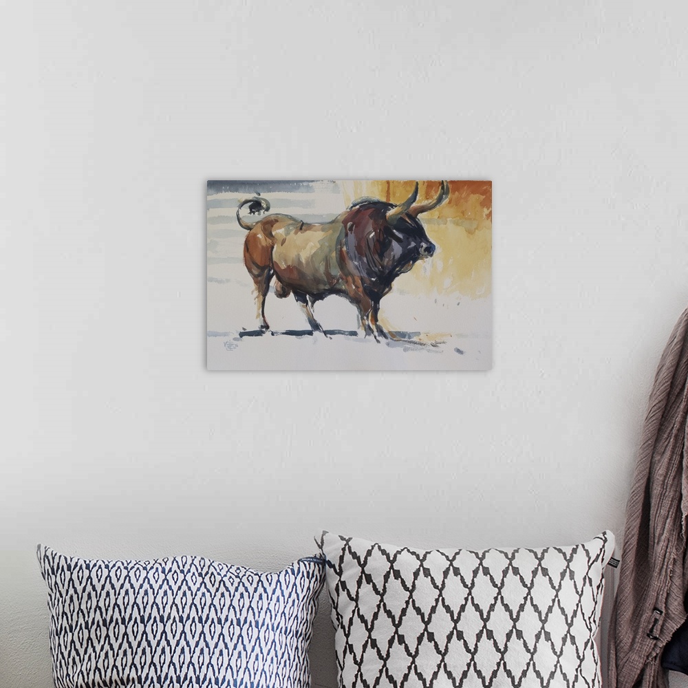 A bohemian room featuring This contemporary artwork illustrates the strength of a bull using impressionistic brush strokes ...