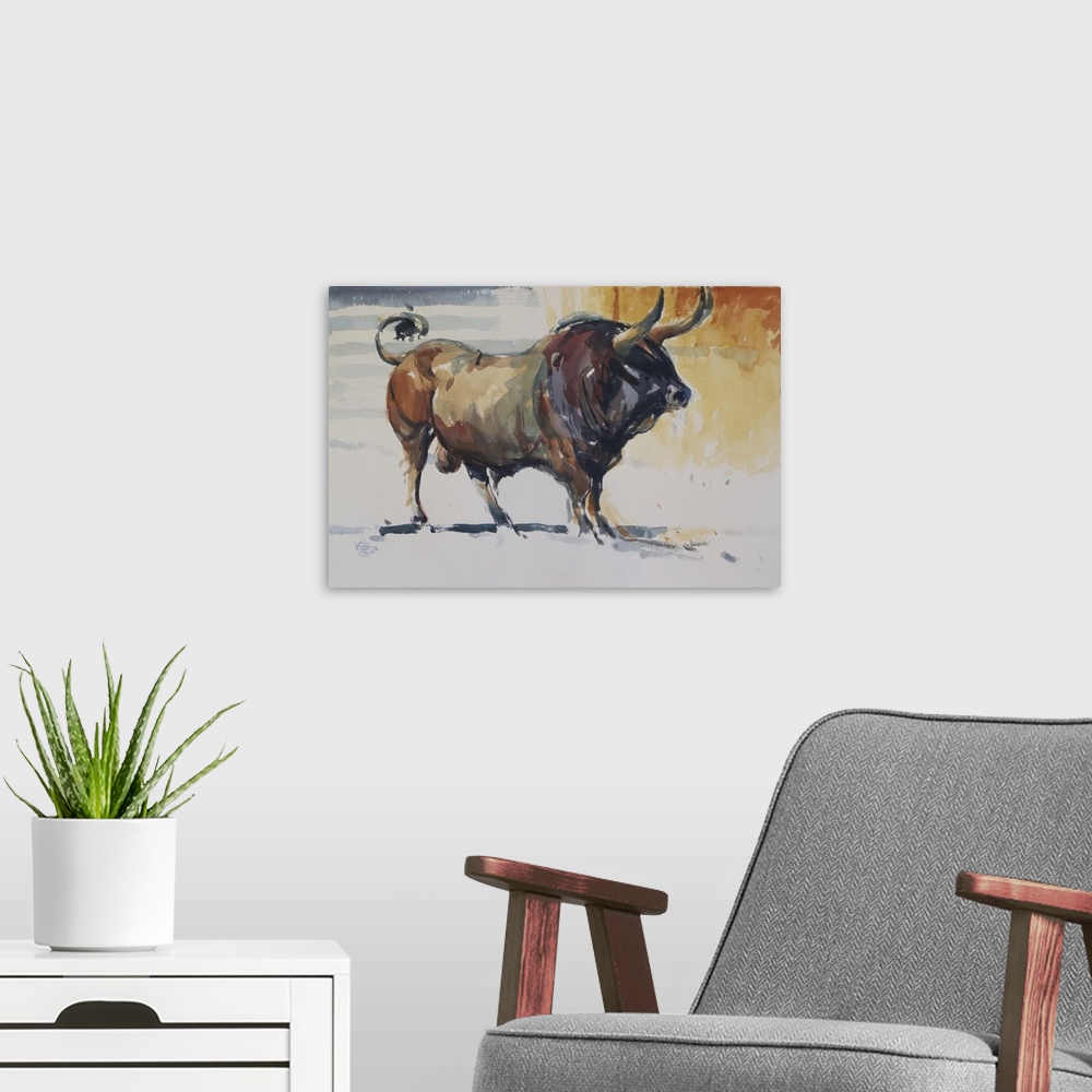 A modern room featuring This contemporary artwork illustrates the strength of a bull using impressionistic brush strokes ...