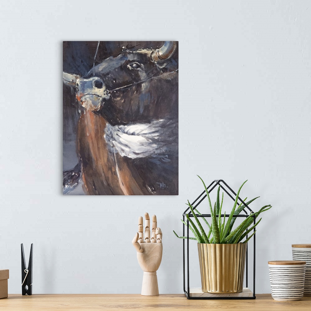 A bohemian room featuring Full of soul and strife, this contemporary artwork illustrates emotion of a bull with dark moody ...