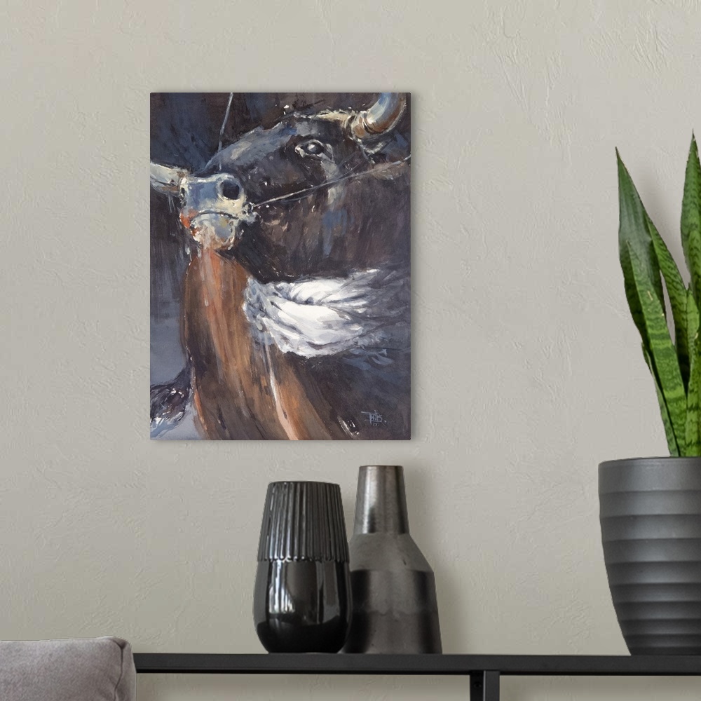 A modern room featuring Full of soul and strife, this contemporary artwork illustrates emotion of a bull with dark moody ...