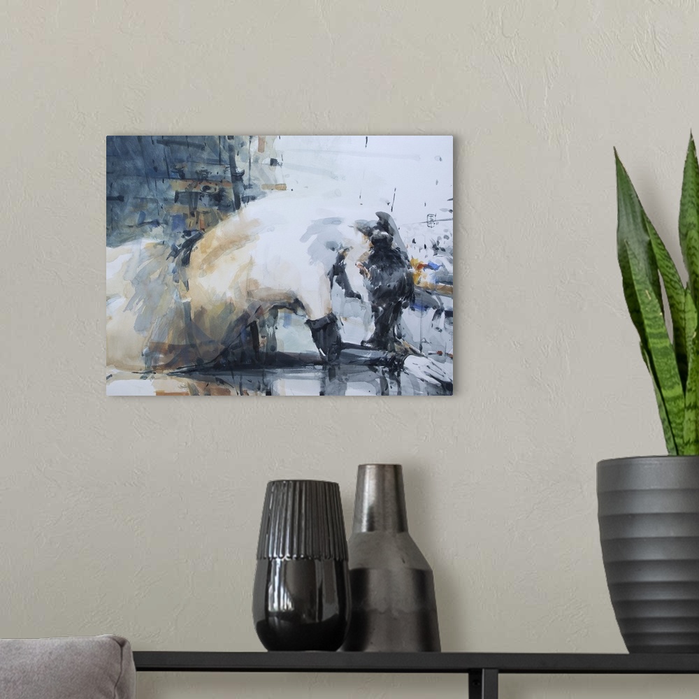 A modern room featuring This contemporary artwork addresses the emotion of dance with an earthy palette and heavy shadows.