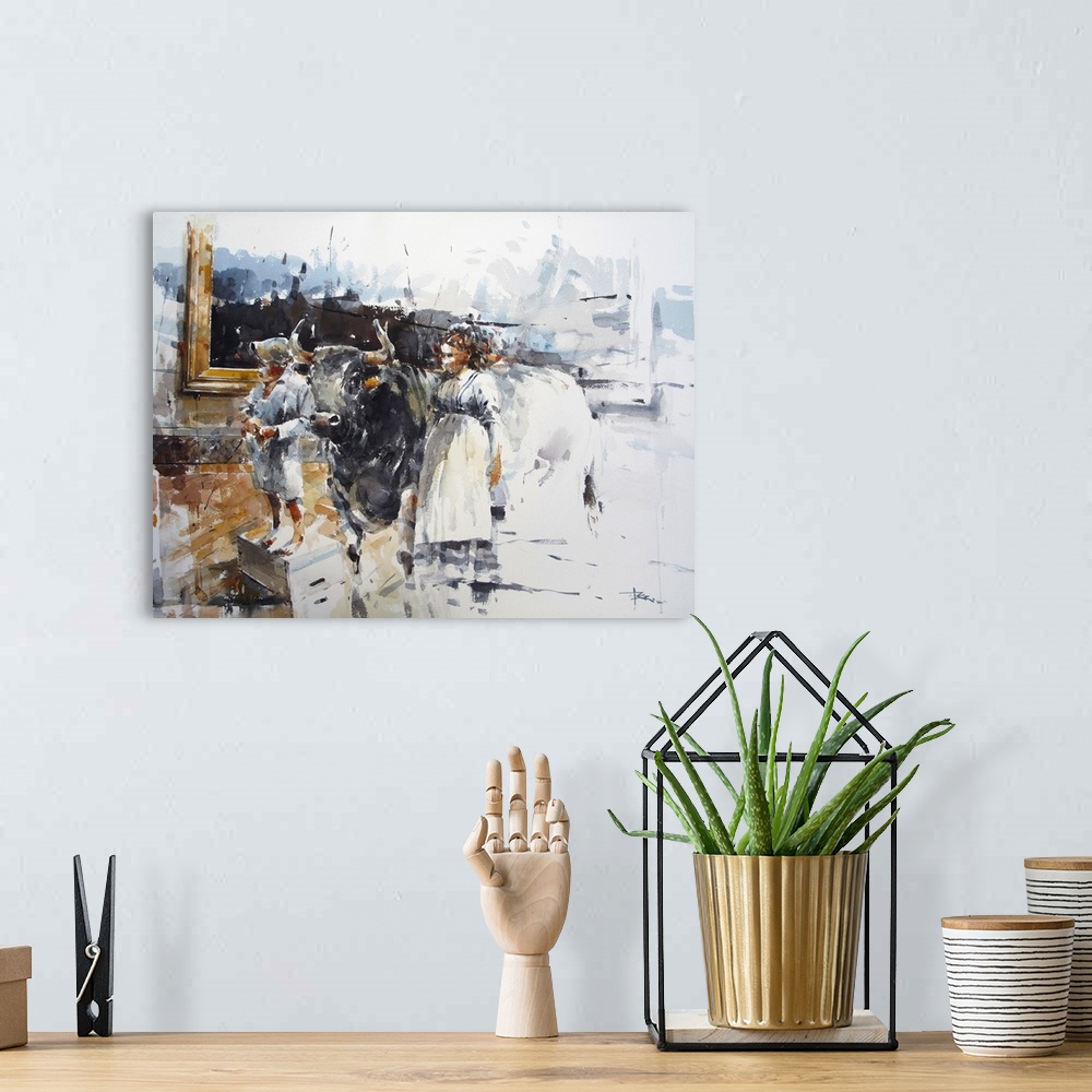 A bohemian room featuring This contemporary artwork is a sketch of unusual visitors at the Louvre Museum in Paris.