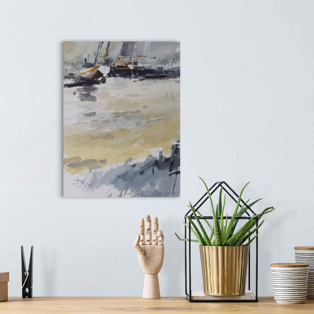 A bohemian room featuring This contemporary artwork illustrates a small fishing boat at the Slettestrand beach in Denmark.