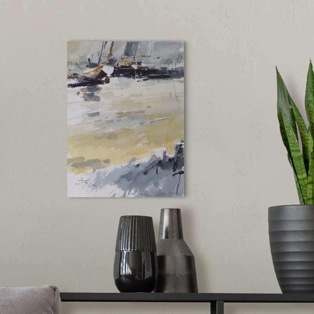 A modern room featuring This contemporary artwork illustrates a small fishing boat at the Slettestrand beach in Denmark.