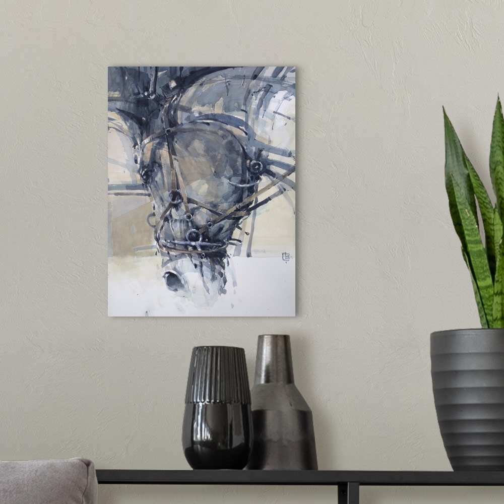 A modern room featuring This contemporary artwork features soft brush strokes to illustrate a close up of a horse.