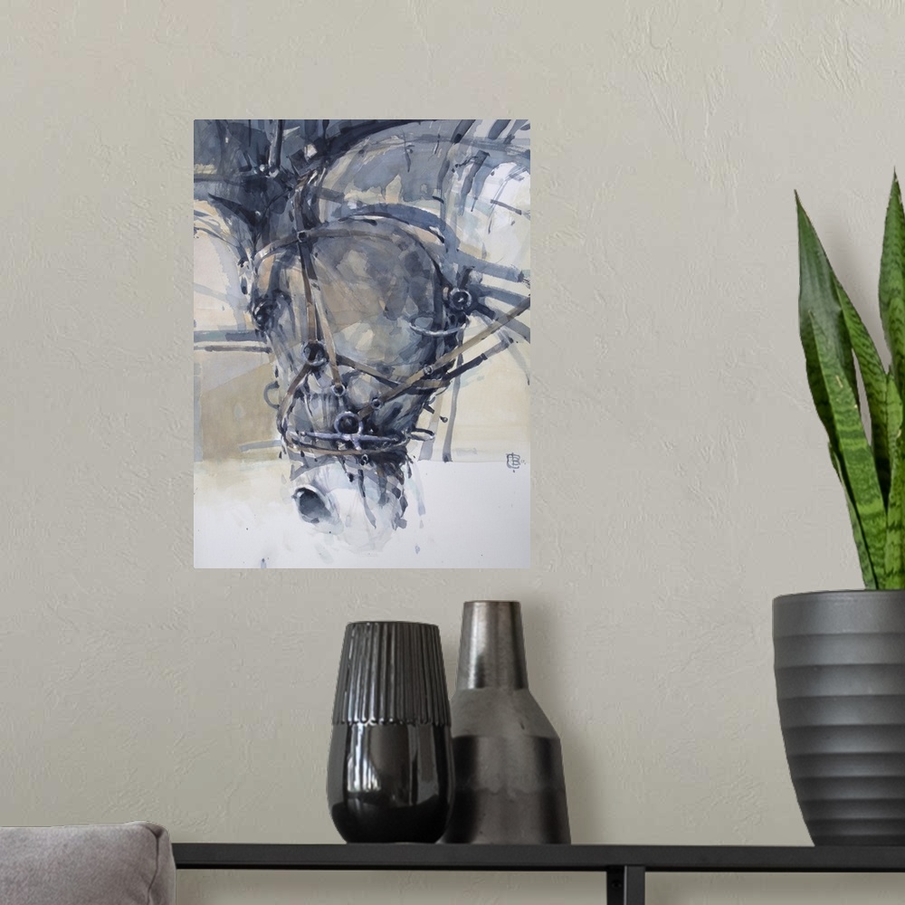 A modern room featuring This contemporary artwork features soft brush strokes to illustrate a close up of a horse.