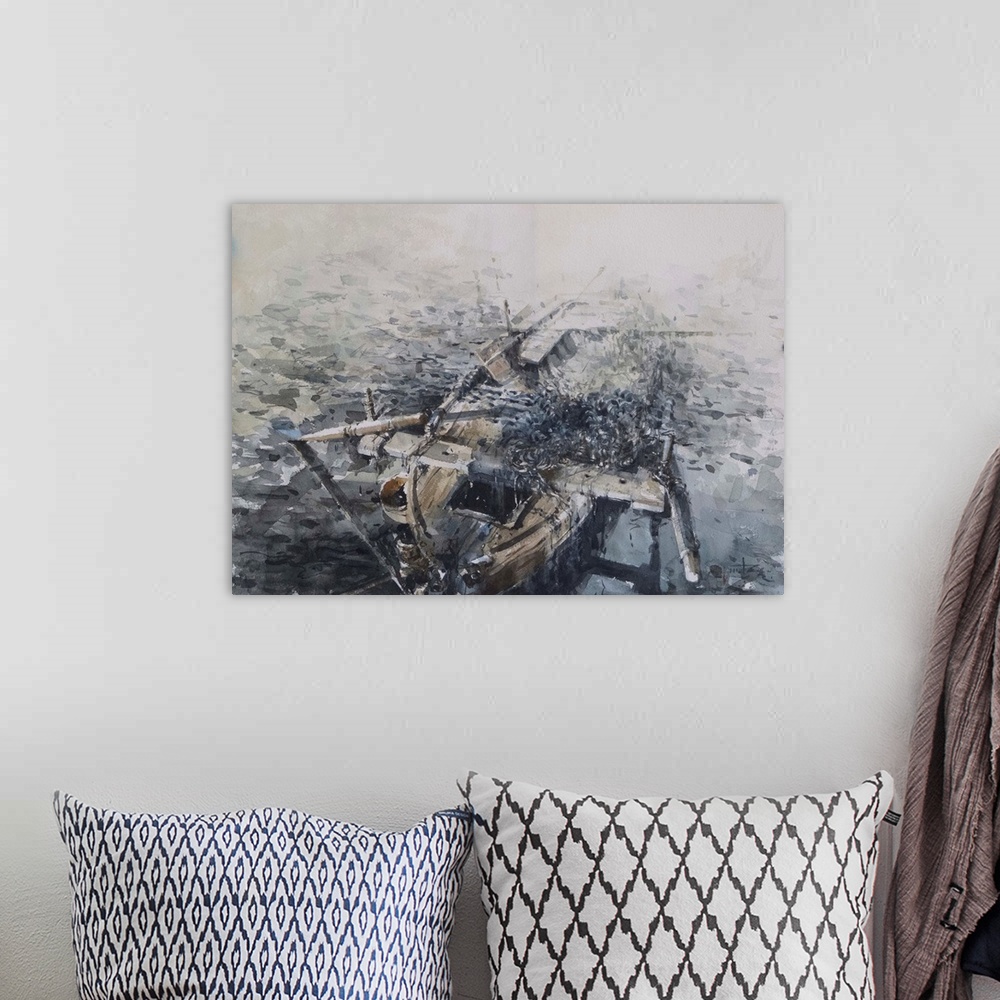 A bohemian room featuring This contemporary artwork uses moody grays and rustling watercolor brush strokes to illustrate a ...