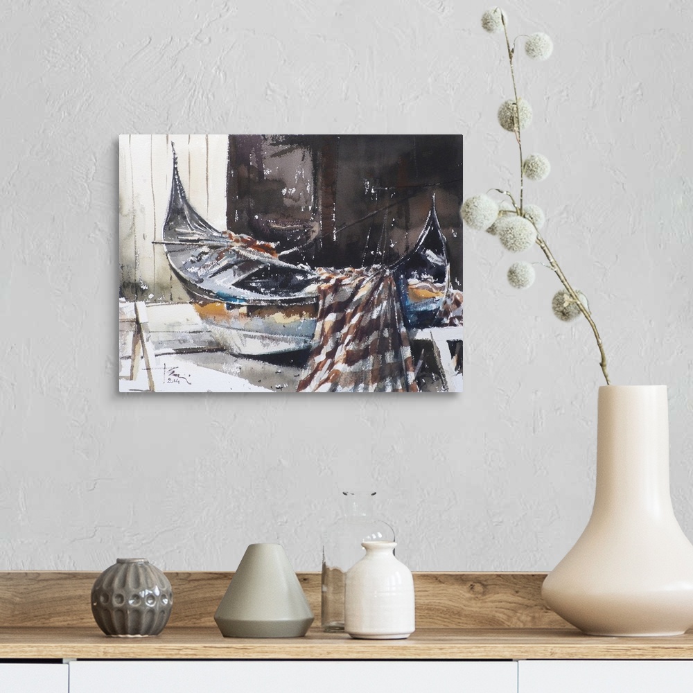 A farmhouse room featuring This contemporary artwork features dry watercolor brush stokes to illustrate a gondola in a repai...