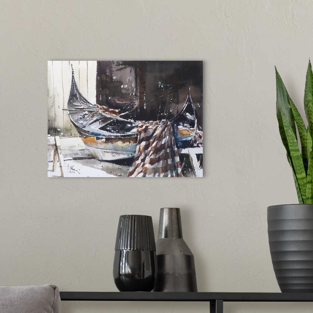 A modern room featuring This contemporary artwork features dry watercolor brush stokes to illustrate a gondola in a repai...