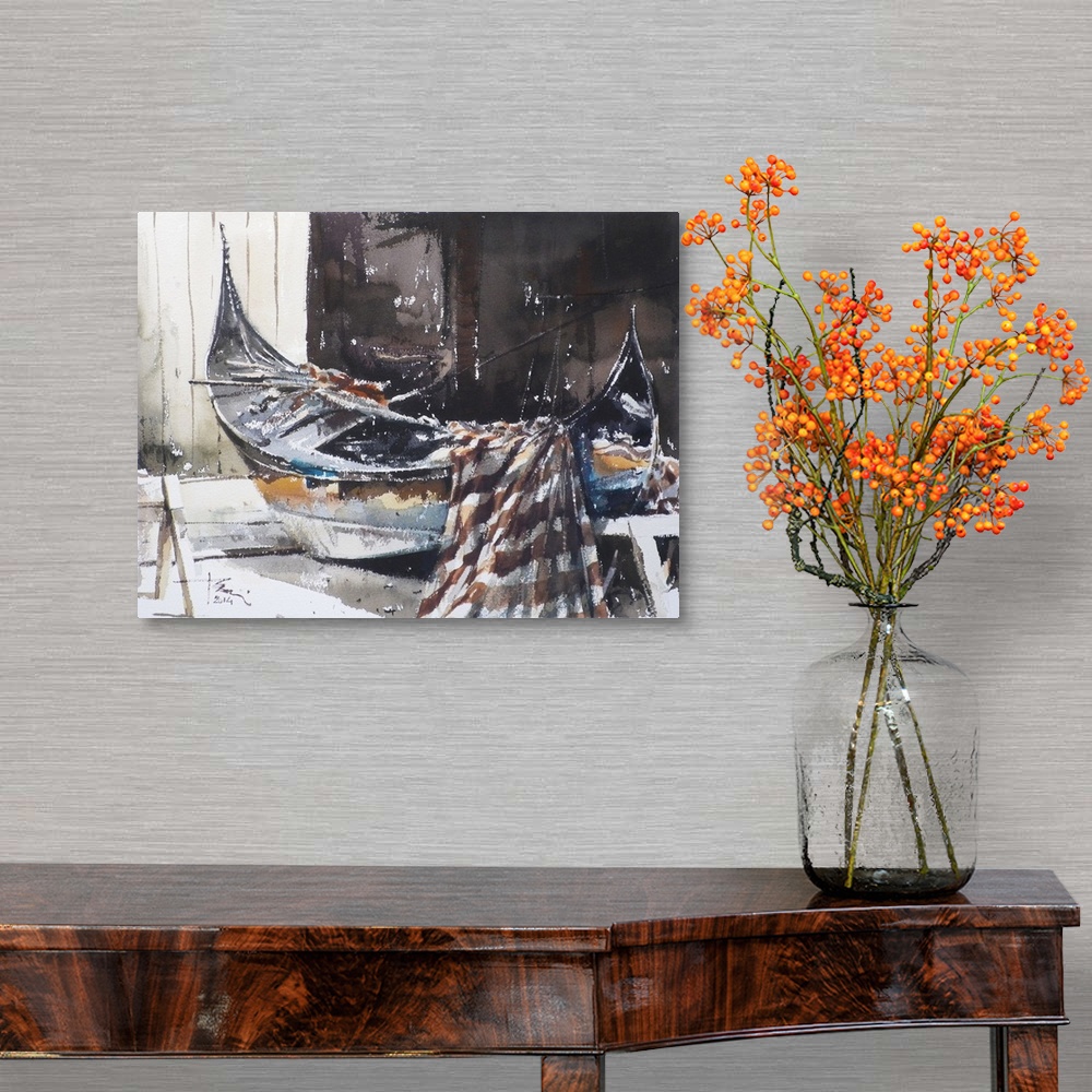 A traditional room featuring This contemporary artwork features dry watercolor brush stokes to illustrate a gondola in a repai...