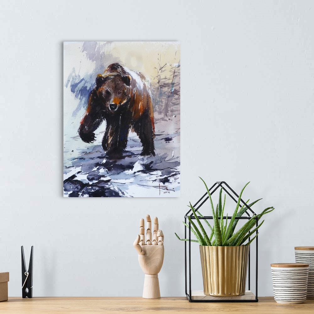 A bohemian room featuring Gestural brush strokes in brown and blue watercolors create a fierce grizzly bear in a winter set...