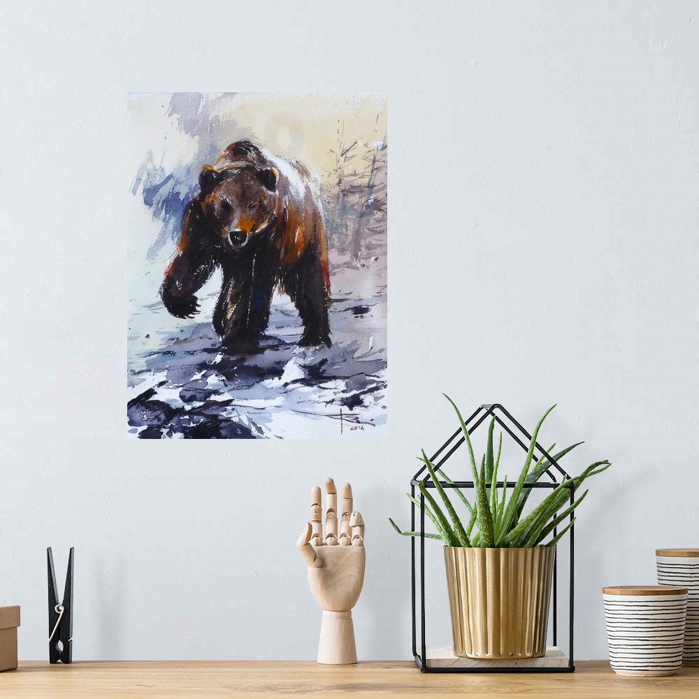 A bohemian room featuring Gestural brush strokes in brown and blue watercolors create a fierce grizzly bear in a winter set...