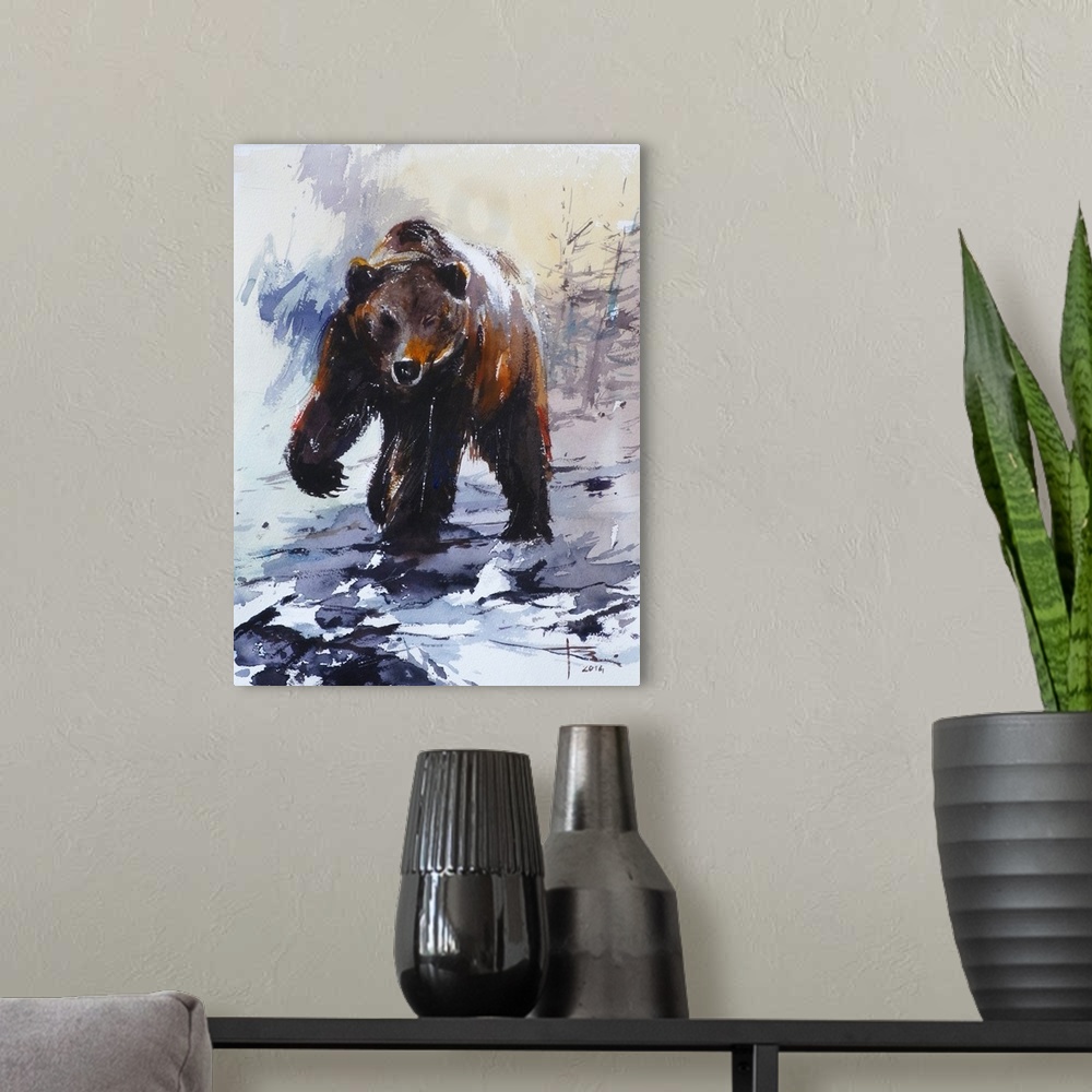 A modern room featuring Gestural brush strokes in brown and blue watercolors create a fierce grizzly bear in a winter set...